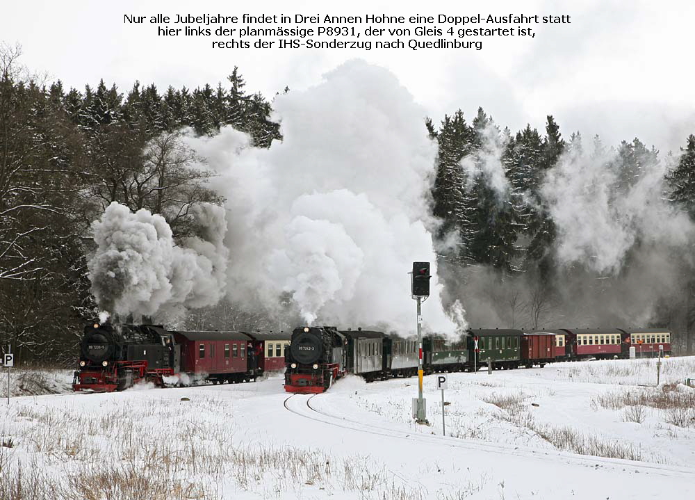 Nur alle Jubeljahre findet in Drei Annen Hohne eine Doppel-Ausfahrt statt
hier links der planmssige P8931, der von Gleis 4 gestartet ist,
rechts der IG-HSB-Sonderzug nach Quedlinburg